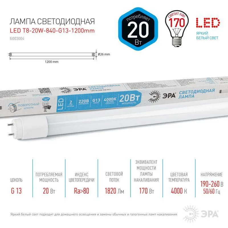 лампа светодиодная std led t8-20w-840-g13-1200mm g13 20вт 4000к поворотный цоколь; трубка стекло-нейтр. бел. эра б0062407 от магазина Штепсель и батарейка.