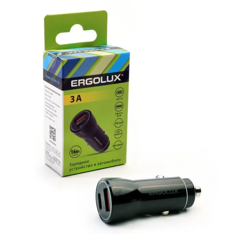 адаптер автомобильный elx-ca01-c02 1usb+1type c 12в 5в/3а led коробка черный ergolux 15106 от магазина Штепсель и батарейка.