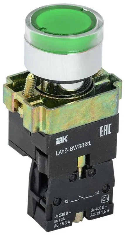 кнопка lay5-bw3361 1но с подсветкой зел. iek bbt50-bw-k06 от магазина Штепсель и батарейка.