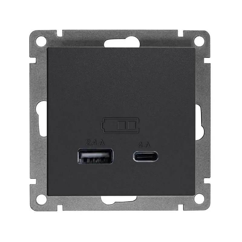 розетка 2-м usb сп афина тип а+с 5в 1х2.4а 2х4а механизм графит universal а0059-gr от магазина Штепсель и батарейка.