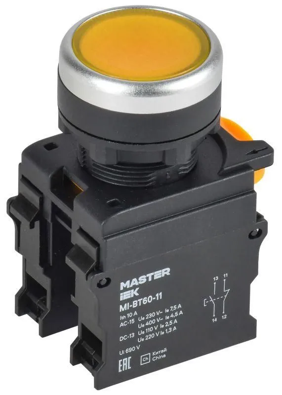кнопка d22мм 1но+1нз master желт. iek mi-bt60-11-3-22-k05 от магазина Штепсель и батарейка.