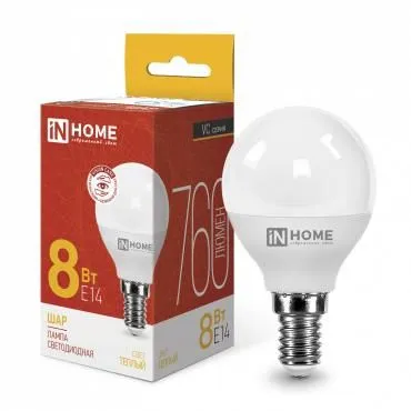 лампа светодиодная led-шар-vc 8вт шар 3000к тепл. бел. e14 760лм 230в in home 4690612020549 от магазина Штепсель и батарейка.