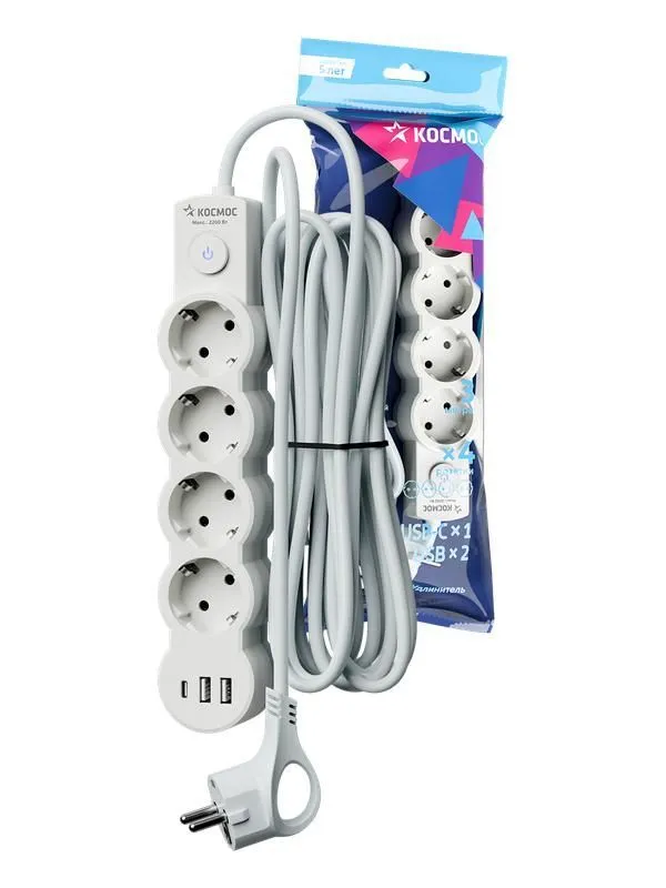 удлинитель 3х3м с заземл. 10а ip20 usb 2500вт 220в пвс 3х1 с выкл. бел. космос yksm3m4g-z-vu10а-w от магазина Штепсель и батарейка.