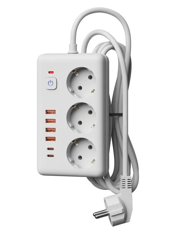 удлинитель с сетевым фильтром 3х3м 10а 4usb + 2usbc 2500вт пвс 3х1 прямоуг. бел. космос fksm3m-3gpf(w)usb от магазина Штепсель и батарейка.