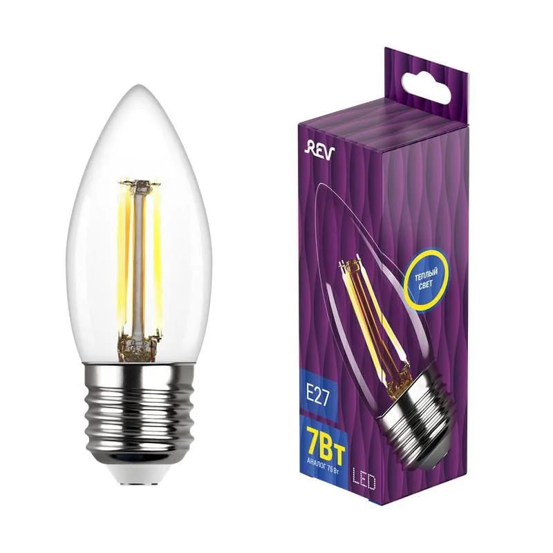лампа светодиодная филаментная premium (filament) 7вт c37 свеча 2700к тепл. e27 480лм rev 32425 6 от магазина Штепсель и батарейка.