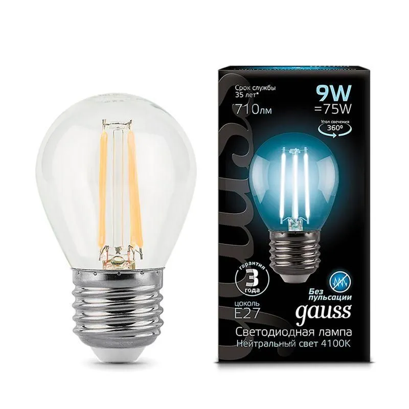 лампа светодиодная филаментная black filament 9вт p45 шар 4100к нейтр. бел. e27 710лм gauss 105802209 от магазина Штепсель и батарейка.
