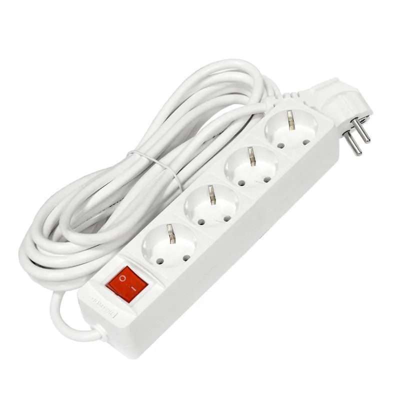 удлинитель 4х5м с заземл. 16а ip20 3х1 с выкл. бел. domtok 2500 от магазина Штепсель и батарейка.