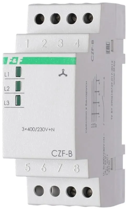 реле контроля фаз czf-b (3х400/230+n 8а 1перекл. ip20 монтаж на din-рейке) f&f ea04.001.002 от магазина Штепсель и батарейка.
