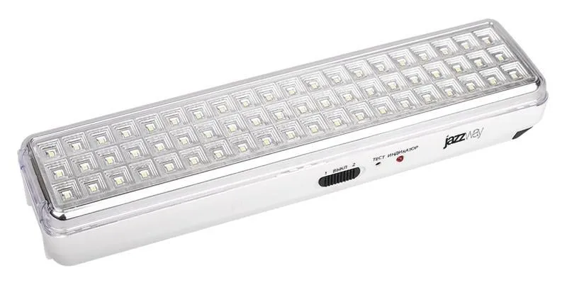 фонарь-светильник аккумуляторный accu9-l60-wh аварийный 60smd яркий 300лм 2ч/эконом 90лм 6ч 220в аккум. li-ion 3.7в 2.4а.ч бел. jazzway 5024540 от магазина Штепсель и батарейка.
