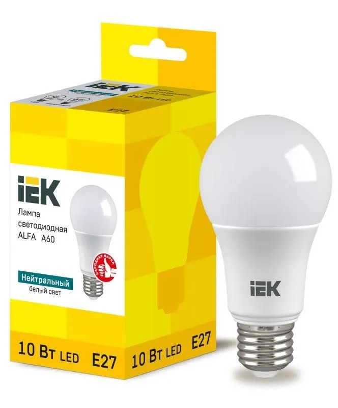 лампа светодиодная alfa 10вт a60 грушевидная 4000к нейтр. бел. e27 230в iek lla-a60-10-230-40-e27 от магазина Штепсель и батарейка.