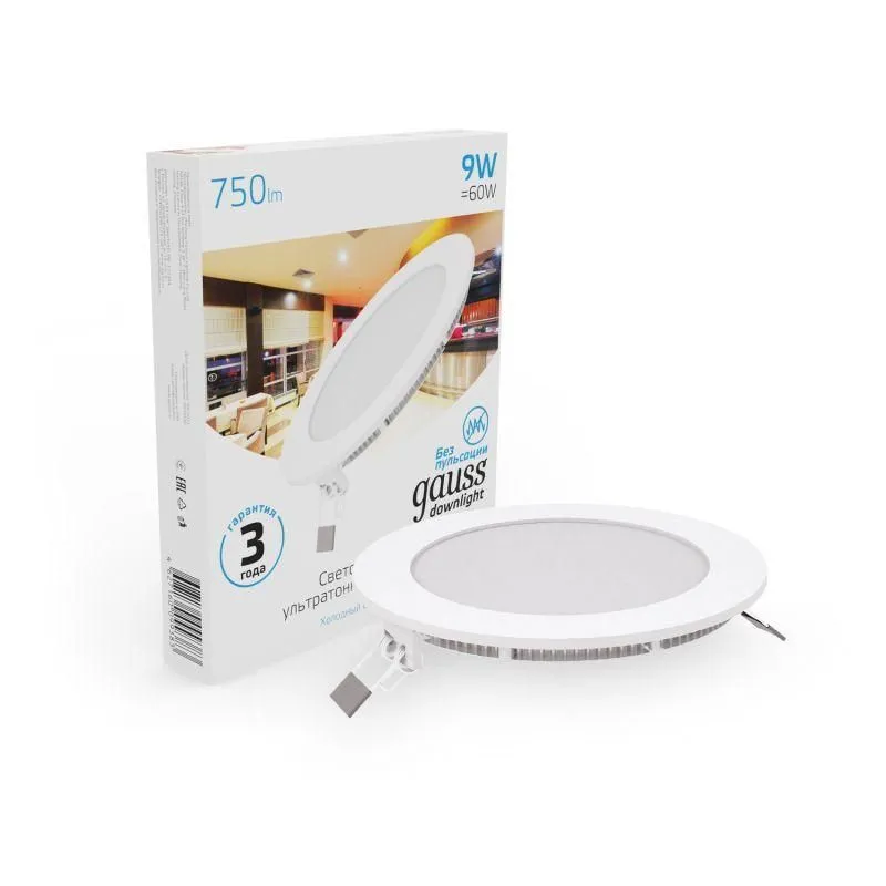 светильник светодиодный slim 9вт 6500к ip20 750лм 220-240в дво круг бел. gauss 939111309 от магазина Штепсель и батарейка.