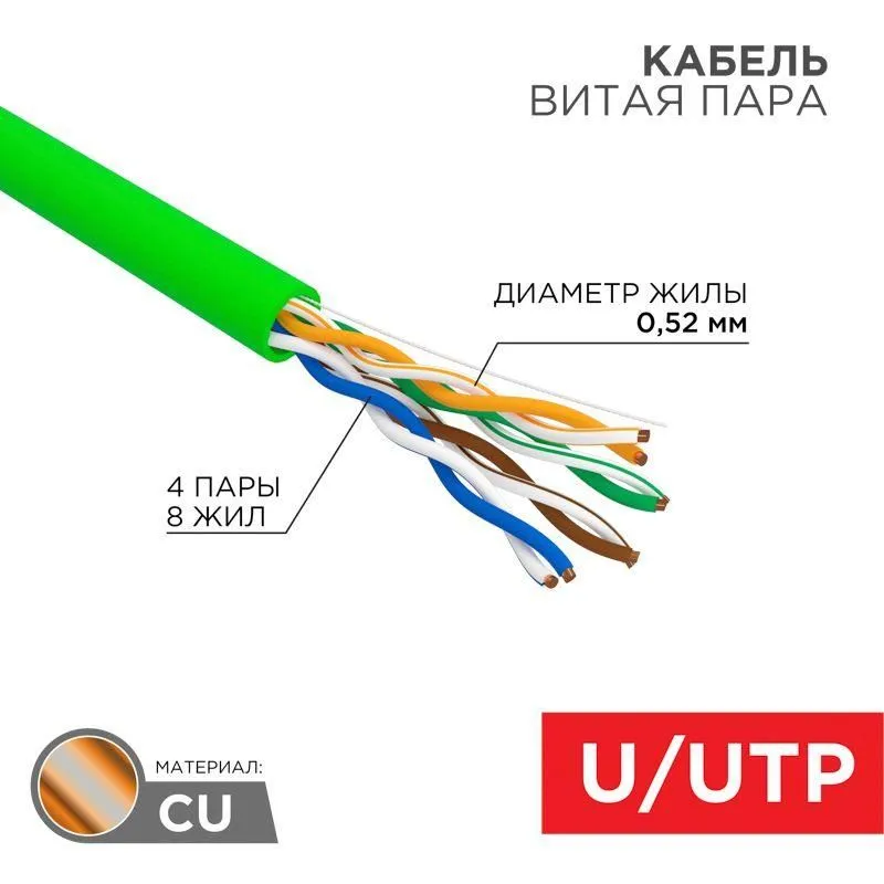 кабель витая пара u/utp кат.5e 4х2х0.52 24 awg нг(а)-lsltx indoor solid зел. (305м) rexant 01-0061 от магазина Штепсель и батарейка.