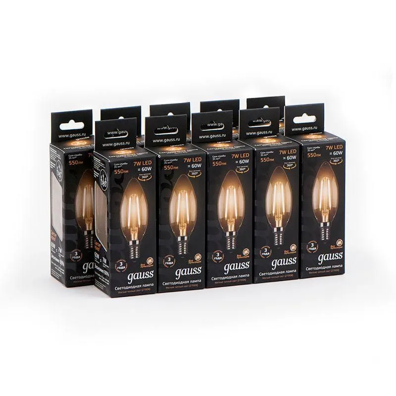 лампа светодиодная филаментная black filament 7вт свеча 2700к тепл. бел. e14 550лм gauss 103801107 от магазина Штепсель и батарейка.