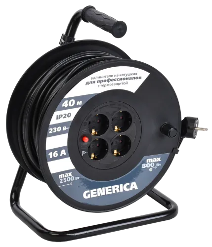 удлинитель на катушке 4х40м 10а ip20 ук40 2p+pe 3х1 термозащита generica wkp10-10-04-40-g от магазина Штепсель и батарейка.