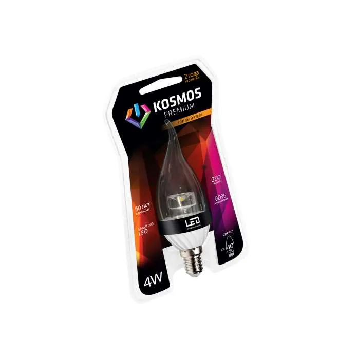 лампа светодиодная kosmos premium 4вт свеча на ветру прозрачная e14 230в 3000к космос kled4wcw230ve1427cl от магазина Штепсель и батарейка.