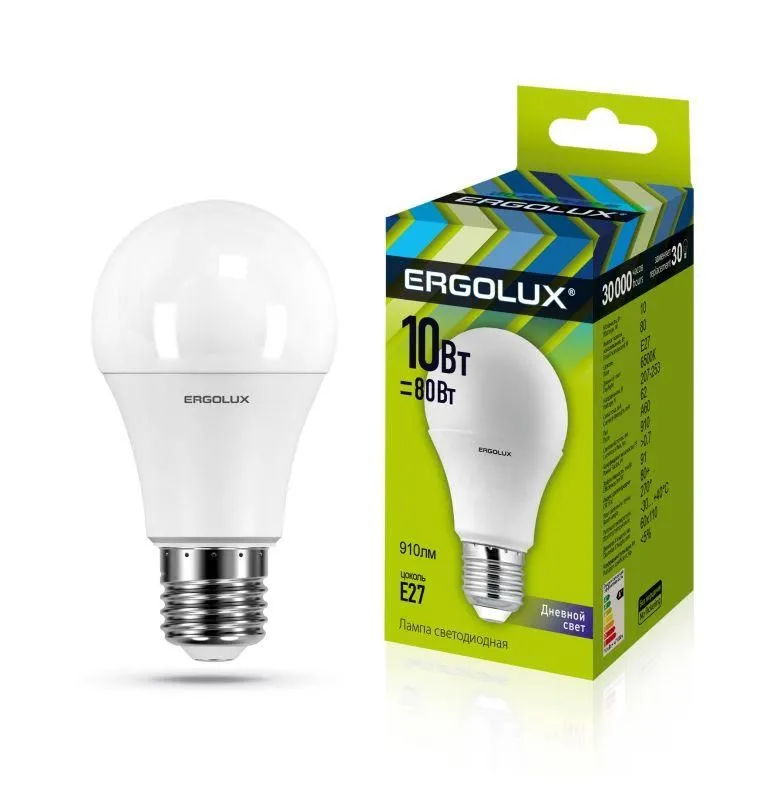 лампа светодиодная led-a60-10w-e27-6500k 10вт грушевидная 6500к холод. бел. e27 180-240в лон ergolux 12879 от магазина Штепсель и батарейка.