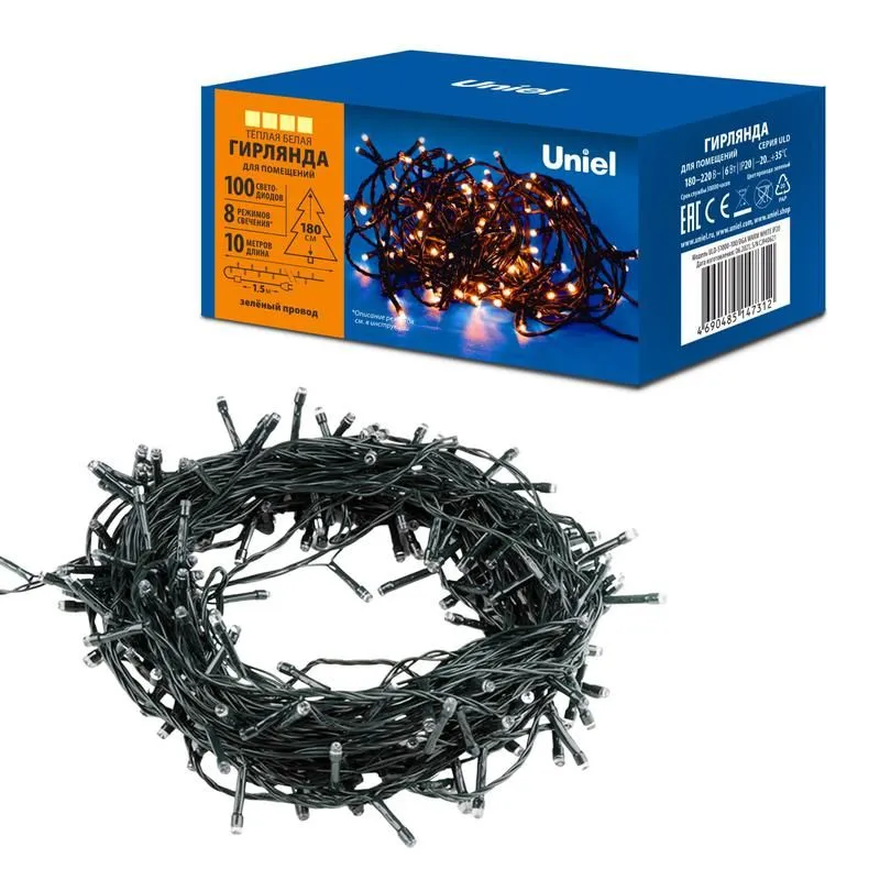 гирлянда светодиодная uld-s1000-100/dga warm white ip20 10м 100 led тепл. бел. свет. провод зел. uniel ul-00008407 от магазина Штепсель и батарейка.