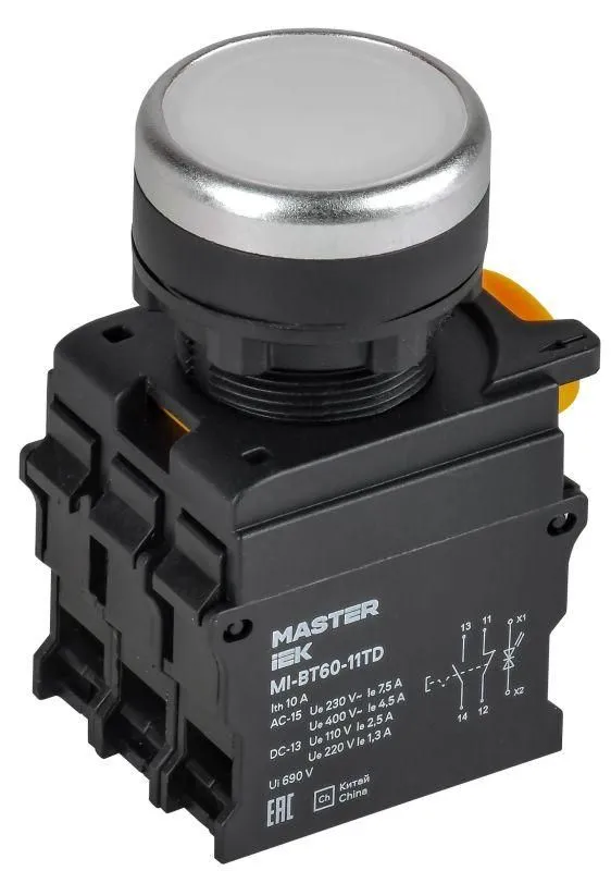 кнопка d22мм 1но+1нз master с подсветкой и фиксацией бел. iek mi-bt60-11td-3-11-k01 от магазина Штепсель и батарейка.