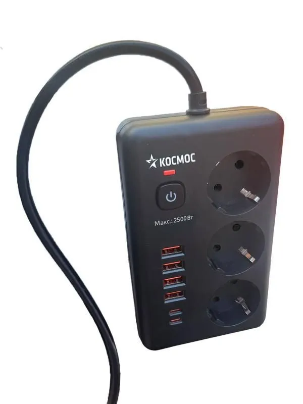 удлинитель с сетевым фильтром 3х1.5м 10а 4usb + 2usbc 2500вт пвс 3х1 прямоуг. черн. космос fksm1.5m-3gpf(b)usb от магазина Штепсель и батарейка.