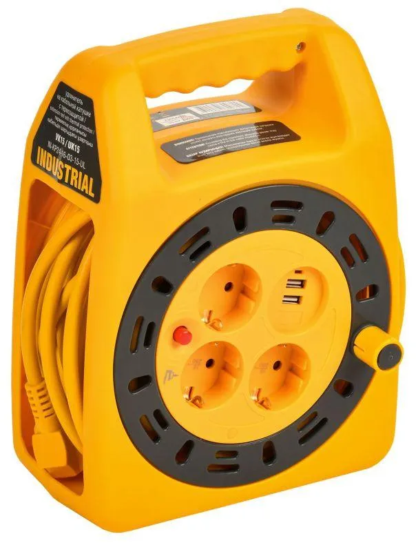 удлинитель на катушке 3х15м с заземл. industrial ук15 2p+pe 3х1.5кв.мм usbх2 led термозащита iek in-kp24-16-03-15-ul от магазина Штепсель и батарейка.