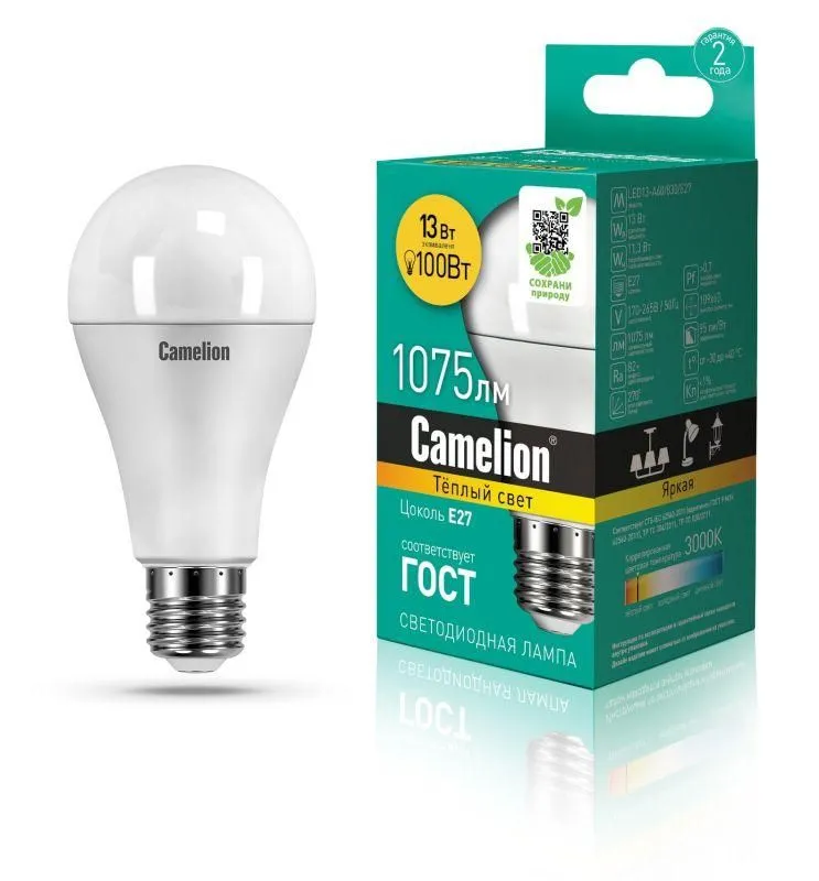 лампа светодиодная led13-a60/830/e27 13вт грушевидная матовая 3000к тепл. бел. e27 1075лм 170-265в camelion 12045 от магазина Штепсель и батарейка.