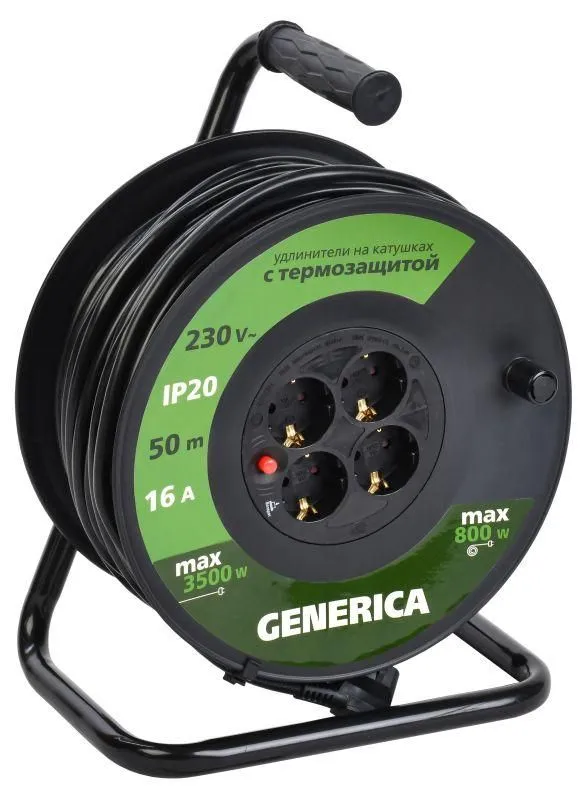 удлинитель на катушке 4х50м 16а ip20 ук50 2p+pe 3х1.5 термозащита generica wkp20-16-04-50-g от магазина Штепсель и батарейка.