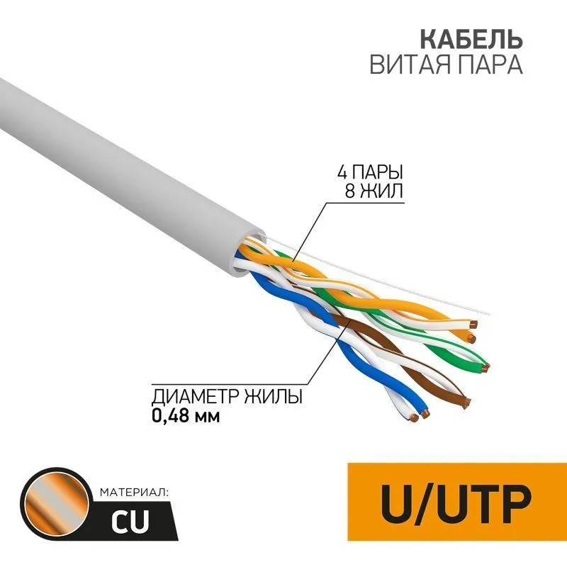 кабель витая пара u/utp кат.5e 4х2х24awg cu медь 100мгц pvc сер. (уп.50м) proconnect 01-0052-50 от магазина Штепсель и батарейка.