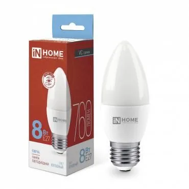 лампа светодиодная led-свеча-vc 8вт свеча 6500к холод. бел. e27 760лм 230в in home 4690612024820 от магазина Штепсель и батарейка.